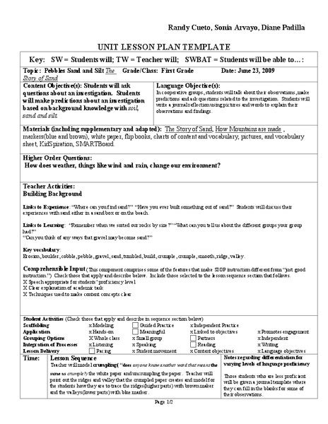 Unit Lesson Plan Template Lesson Plan For 1st Grade Lesson Planet