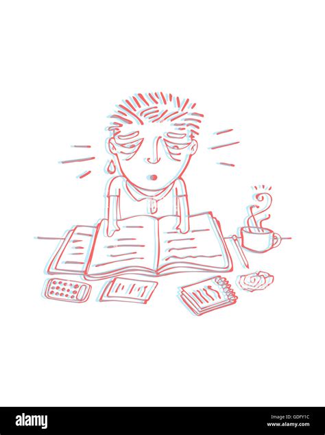 Hand drawn illustration or drawing of an stressed man studying with ...