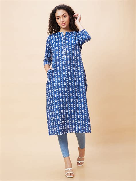 Globus Women Blue Ethnic Motifs Print Round Neck Lace Detailing