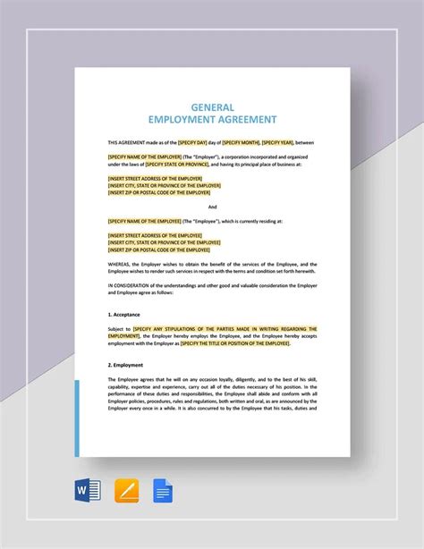 General Employment Agreement Template In Word Pages Google Docs