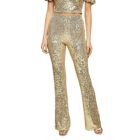 Ziyixin Womens Sparkly Sequin Long Pants High Waist Slim Flared Pants