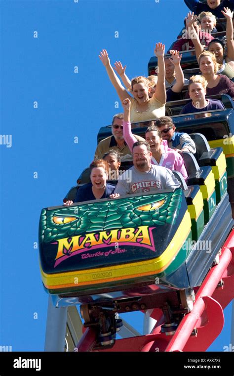 Visitors Ride The Mamba Roller Coaster At Worlds Of Fun In Kansas City