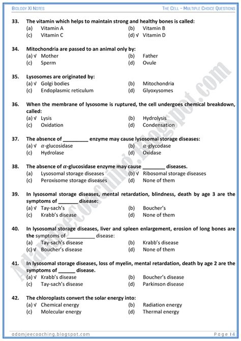 Adamjee Coaching The Cell Mcqs Biology 11th