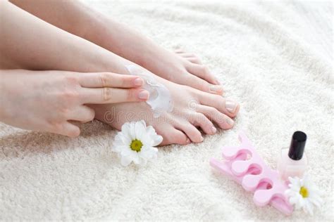 Woman Applying Cream On Her Feet Stock Photo Image Of Naked Skincare