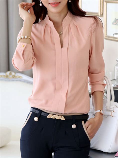 Split Neck Plain Chiffon Long Sleeve Blouse In 2021 Chiffon Blouse