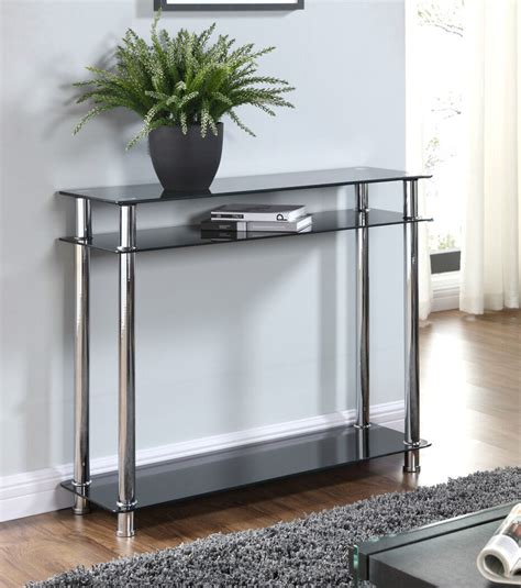 Modern Black Glass Console Table Chrome 2 Tier Hall Hallway