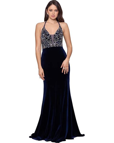 Betsy Adam Long Beaded V Neck Velvet Gown Pm