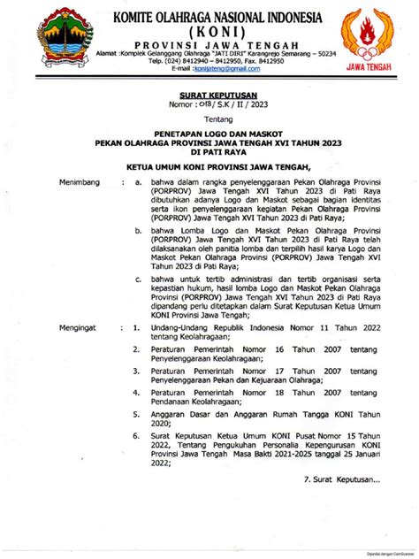 Sk Penetapan Logo Dan Maskot Porprov Xvi Jawa Tengah Tahun 2023 Pdf