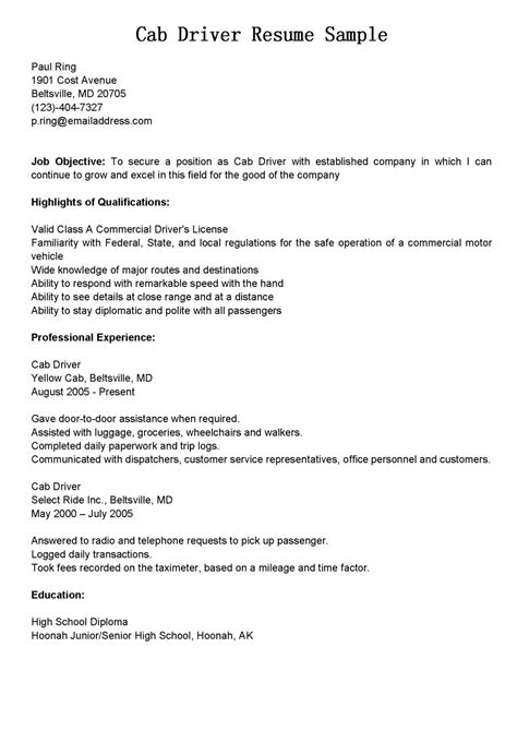 Taxi Cab Driver Resume Sample Resumesdesign Cab Driver Resume