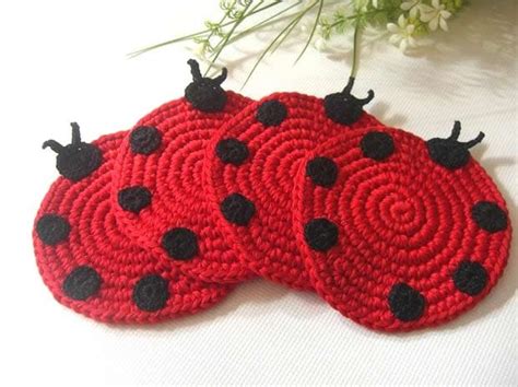 Ladybug Coasters Crochet Coaster Pattern Knit Coaster Crochet Motif