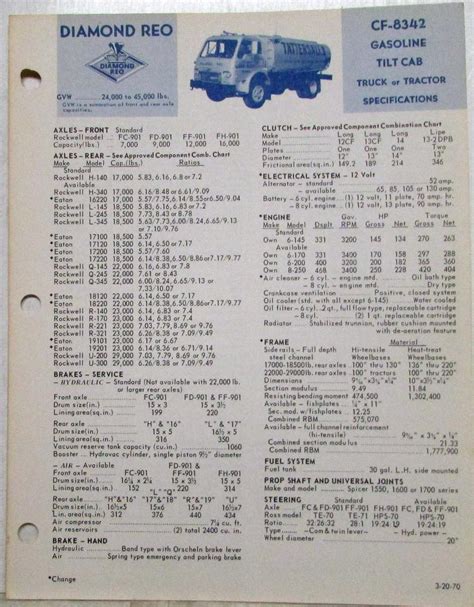 1970 Diamond REO CF 8342 Gasoline Tilt Cab Truck Specifications Brochure