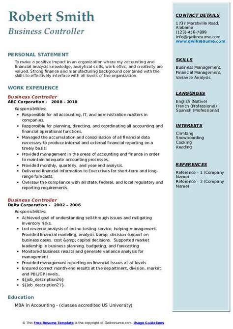 Business Controller Resume Samples | QwikResume