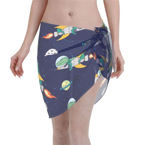 Adobk Women Beach Sarong Bathing Suit Astronaut Dinosaur And Space Print Wrap Skirt Sheer Bikini