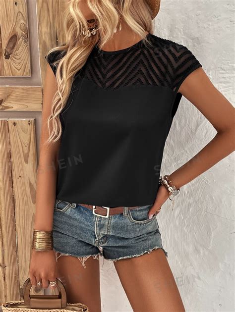 SHEIN LUNE Contrast Mesh Keyhole Back Blouse SHEIN USA