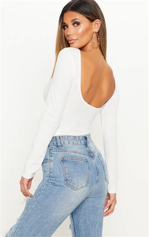 Cream Rib Scoop Back Bodysuit Tops Prettylittlething Usa