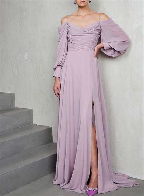 A Line Chiffon Long Sleeves Evening Dresses With Split Front Missacc