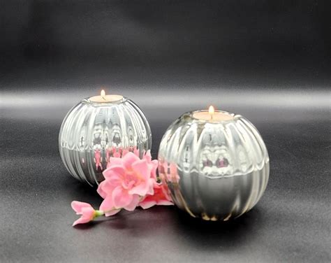 Pair Of Round Handblown Optic Mercury Glass Tealight Candle Holders Silver Ball By Dept 56 Etsy