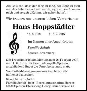 Traueranzeigen Von Hans Hoppst Dter Saarbruecker Zeitung Trauer De