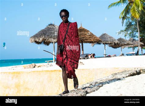 Zanzibar Tanzania January 022022 Maasai Warrior Dressed In