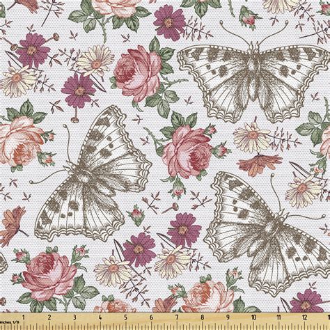 Ambesonne Spring Fabric By The Yard Butterfly Wildflower Plot Yard