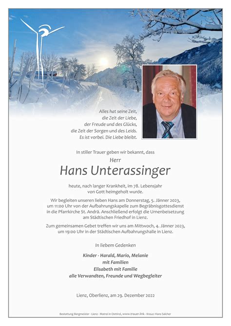 Todesanzeige Hans Unterassinger Trauer Link