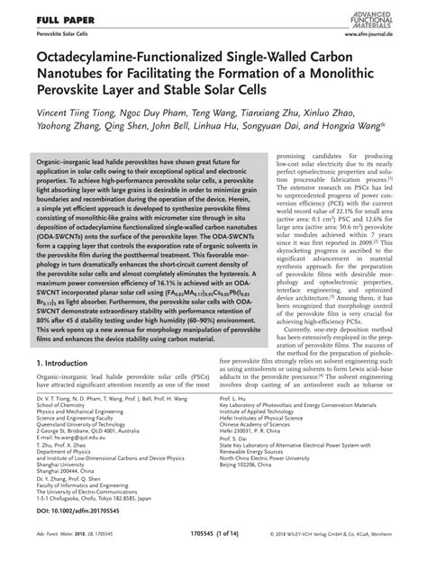 Octadecylamine Functionalized Single Walled Carbon Nanotubes For