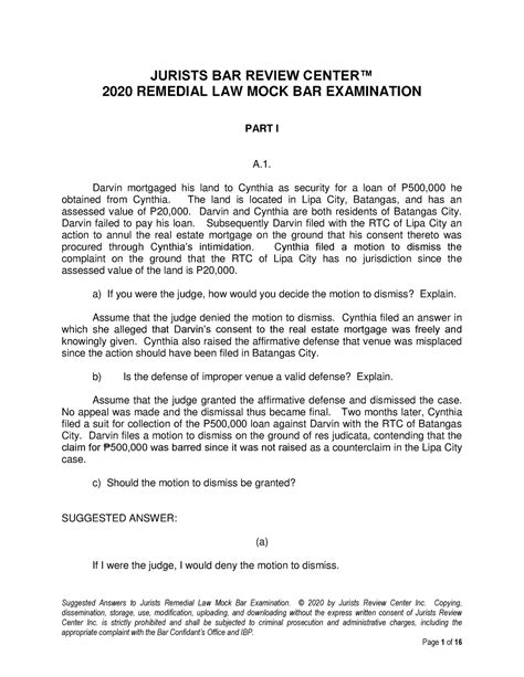 2020 REM LAW MOCK BAR EXAM Suggested Answers To Jurists Remedial Law