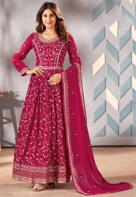 Embroidered Georgette Abaya Style Suit In Pink KRY1559