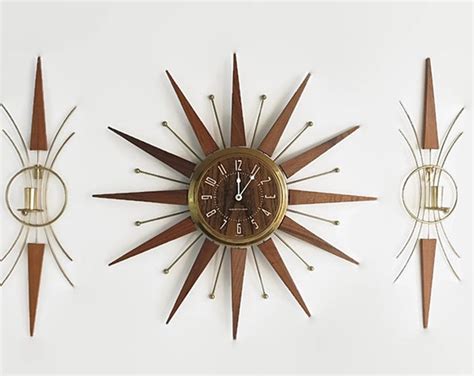 Vintage Westclox Atomic Starburst Wall Clock Teak And Brass Starburst Clock Sunburst Clock Mid