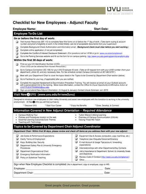 Fillable Online Checklist For New Employees Adjunct Faculty Fax Email