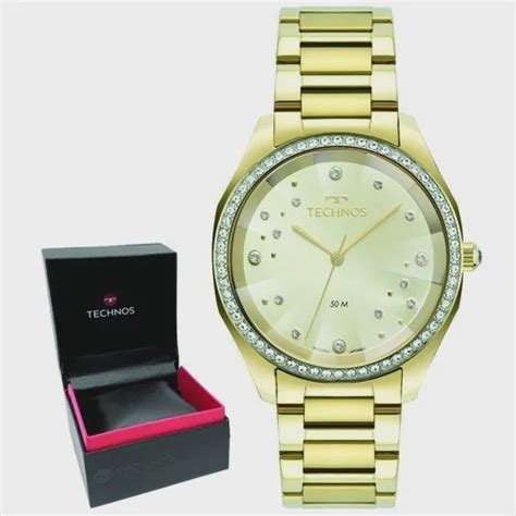 Rel Gio Technos Elegance Crystal Swarovski Dourado Feminino Original