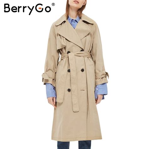 Berrygo Elegant Turndown Trench Coat Female Double Breasted Belt Womens