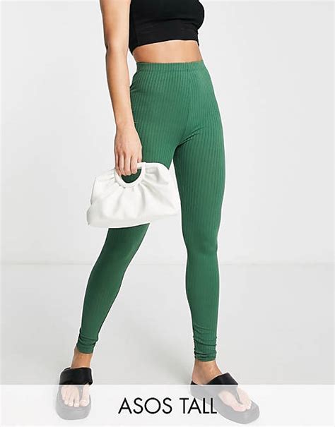 Asos Design Tall Legging In Rib In Khaki Asos