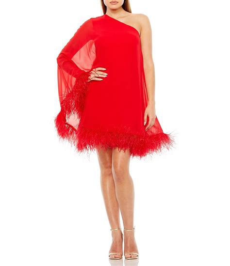 Mac Duggal One Shoulder Long Sleeve Feather Trim Shift Dress Dillards