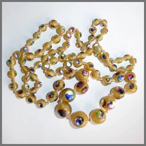 Art Deco Pearly Yellow Peacock Eye Art Glass Bead Necklace Ruby Lane