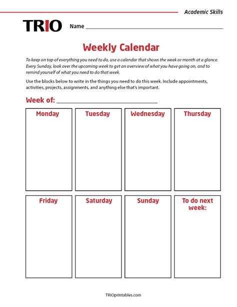 Weekly Calendar Activity Sheet – TRIO Printables