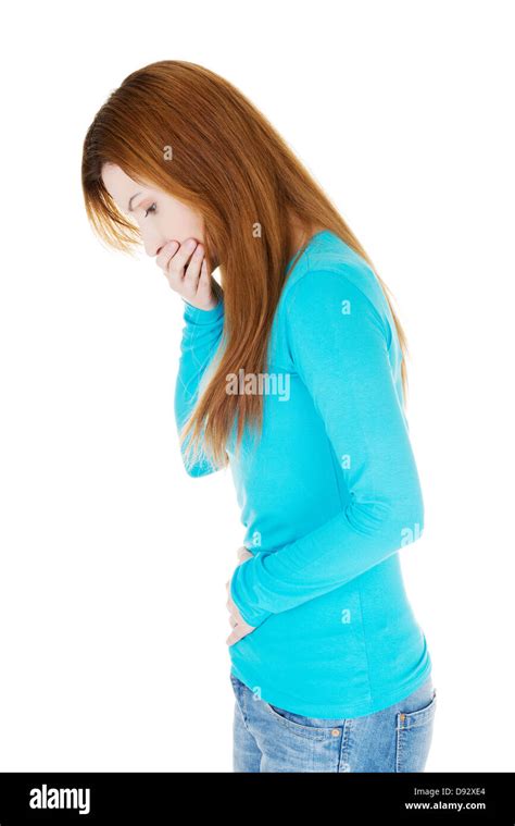 Woman With Strong Pain Of Stomach And Nausea Isolated On White Stock