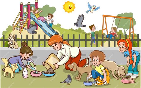 Premium Vector Children Feeding Stray Animals Cartoon Vector