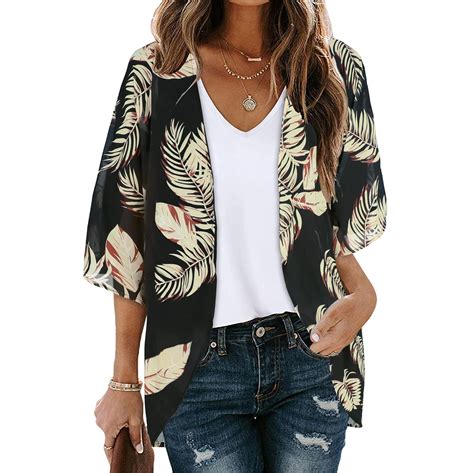 Lilgiuy Women S Floral Print Puff Sleeve Kimono Cardigan Loose Chiffon