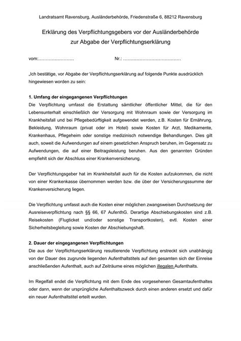 Erklärung des Verpflichtungsgebers vor der Ausländerbehörde