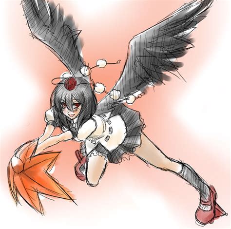 Safebooru Black Wings Fan Geta Hat Muminchu Red Eyes Shameimaru Aya