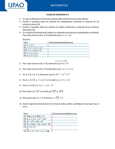 Taller De Ejercicios N Matemtica Taller De Ejercicios N En Qu Se