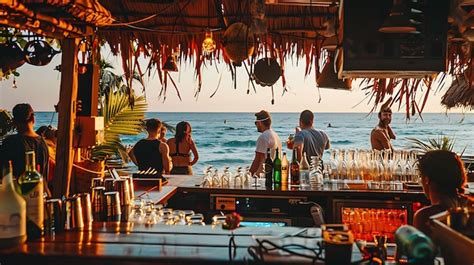 Premium Photo Thatched Roof Bar With Ocean View A Group Of People Are