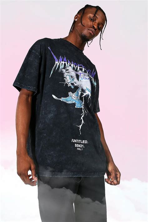 Mens Oversized Tour Print Acid Wash T Shirt Boohoo