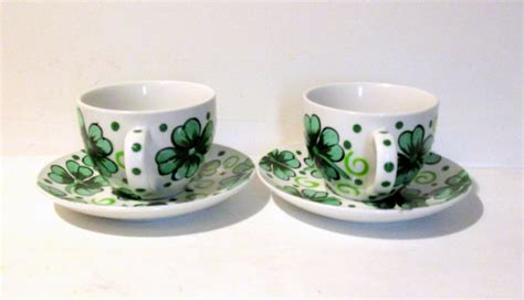 Four Leaf Clover Shamrocks Tea Cups Hand Painted Set Of 2 8 Etsy