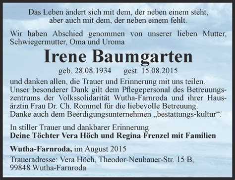 Traueranzeigen Von Irene Baumgarten Trauer In Thueringen De