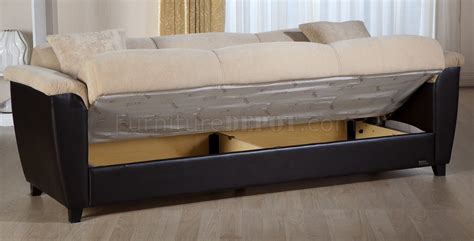 Cream Microfiber & Bonded Leather Base Sofa Bed w/Storage