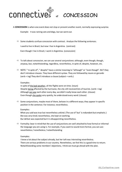 Conjunctions Of CONCESSION Connect English ESL Worksheets Pdf Doc