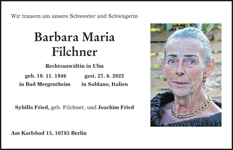 Traueranzeigen Von Barbara Maria Filchner Augsburger Allgemeine Zeitung