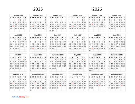 Calendar 2025 and 2026 on One Page | Calendar Quickly